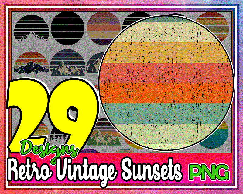 29 Designs Retro Vintage Sunsets Pack, Retro Sunset Clipart PNG, Mountains, Trees, Summer, Beach, Commercial License, Digital Download 717771266