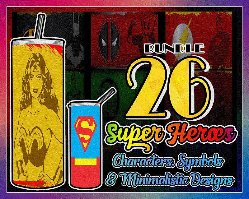 Combo 26 Super Heroes Characters, Symbols & Minimalistic Designs , 20oz Skinny Straight,Template for Sublimation,Full Tumbler, PNG Digital Download 1014533239