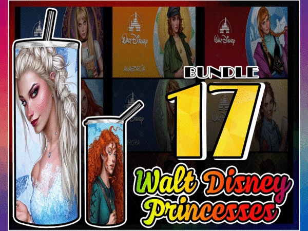 Combo 17 Walt Disney Princesses Designs , 20oz Skinny Straight,Template for Sublimation,Full Tumbler, PNG Digital Download 1014533239