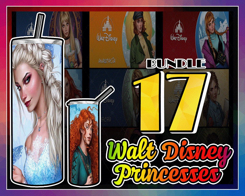 Combo 17 Walt Disney Princesses Designs , 20oz Skinny Straight,Template for Sublimation,Full Tumbler, PNG Digital Download 1014533239