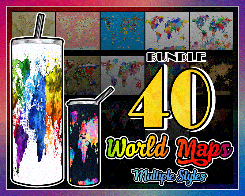 Combo 40 World Maps Multiple Styles Designs , 20oz Skinny Straight,Template for Sublimation,Full Tumbler, PNG Digital Download 1014533239