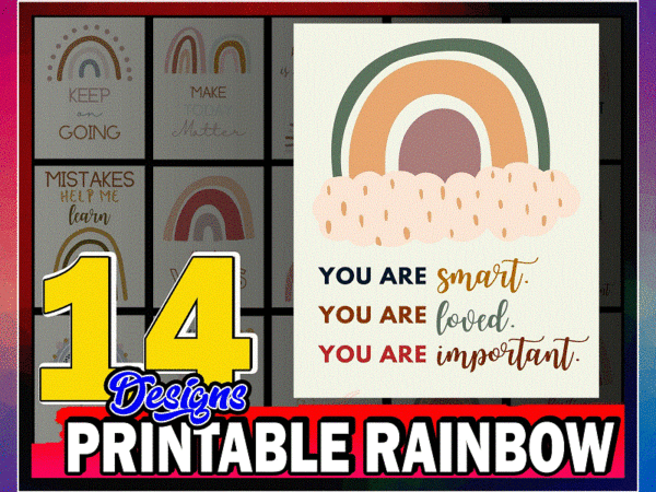 14 printable rainbow designs, classroom decor, printable rainbow learning posters, keep on learning, positive vibes, digital design 1052061243