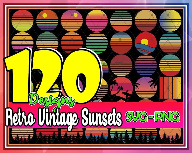 120 Designs Retro Vintage Sunset svg png Files, Retro Circle, Vintage Circle, Sunset Silhouette, Cut File, 80’s 90’s Retro, Digital Download 717093764