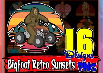Bundle 16 Designs Bigfoot Retro Sunsets PNG,Mega Pack Sasquatch Graphics And Clipart PNG Files with Commercial License For Print On Demand, 959327881