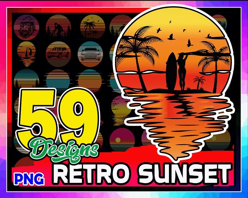 59 Designs Sunset Png bundle, vintage retro sunset png, Retro Tropical Beach Png, Beach Palm Tree, Sunset sublimation, vintage retro bundle 964124587