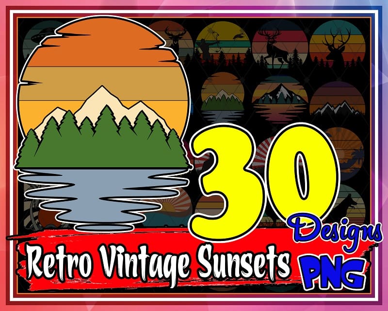 30 Designs Retro Vintage Sunsets Multi Pack, Adventure Logos Clip Art PNG, Graphics Commercial License, Digital Download 797728381