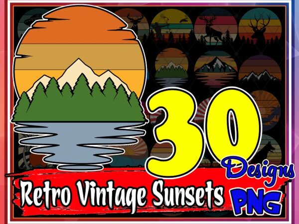 30 designs retro vintage sunsets multi pack, adventure logos clip art png, graphics commercial license, digital download 797728381