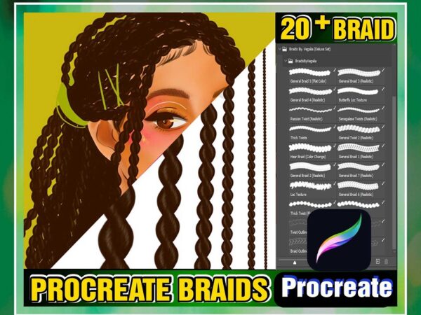 20+ procreate braids, deluxe pack braids, twists, locs brush, realistic braid brush, procreate hair brush, digital illustration fashion 981227302