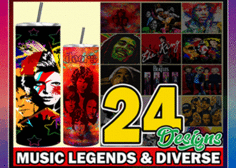 24 Music Legends & Diverse Designs, 20oz Skinny Straight Tapered Bundle, Template for Sublimation, Full Tumbler Wrap, PNG Digital Download 1000618922