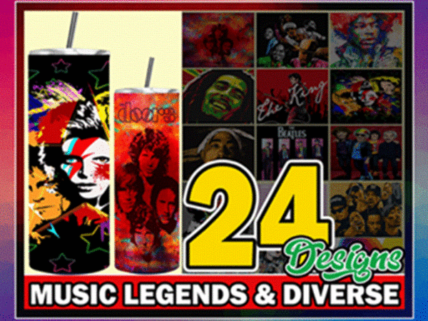 24 music legends & diverse designs, 20oz skinny straight tapered bundle, template for sublimation, full tumbler wrap, png digital download 1000618922