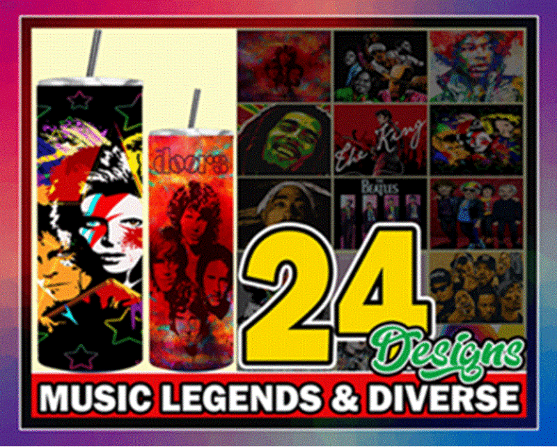 24 Music Legends & Diverse Designs, 20oz Skinny Straight Tapered Bundle, Template for Sublimation, Full Tumbler Wrap, PNG Digital Download 1000618922