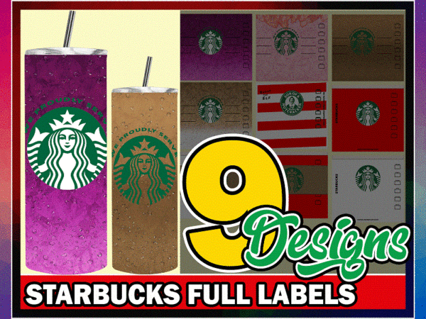 9 starbucks full labels designs, straight tapered, template for sublimation, full tumbler wrap, digital download, tumbler sublimation 1000618922