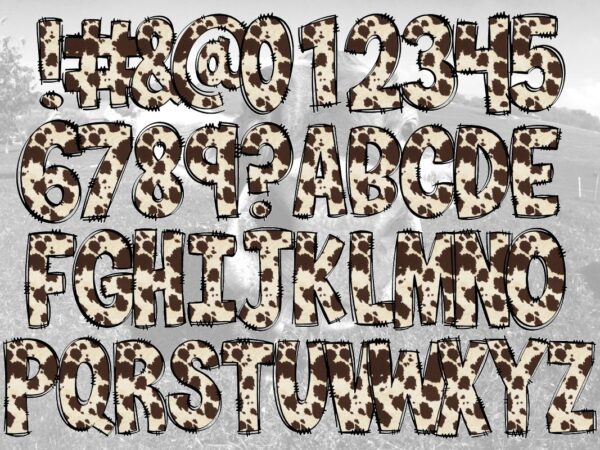 Leopard alphabet sublimation design bundle, cow print hand drawing alphabet fonts separated, animal print fonts vector