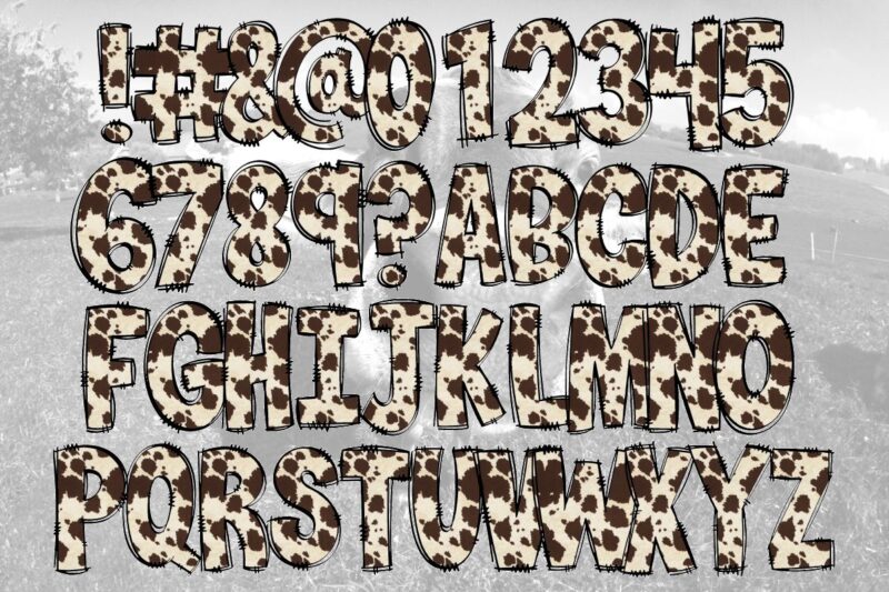 Leopard alphabet sublimation design bundle, Cow print hand drawing alphabet fonts separated, Animal print fonts vector