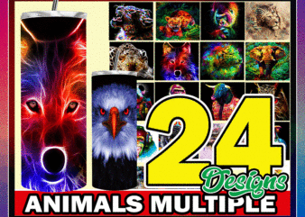 24 Animals Multiple Design Styles 20oz Skinny Straight Tapered, Template For Sublimation, Full Tumbler Wrap, PNG Digital 1000618922