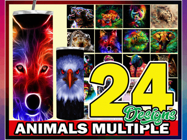 24 animals multiple design styles 20oz skinny straight tapered, template for sublimation, full tumbler wrap, png digital 1000618922