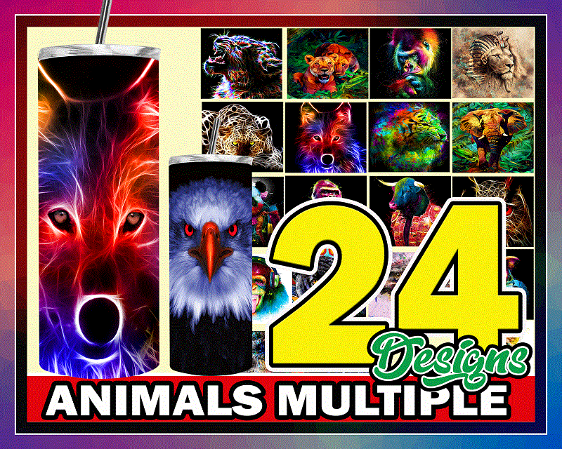 24 Animals Multiple Design Styles 20oz Skinny Straight Tapered, Template For Sublimation, Full Tumbler Wrap, PNG Digital 1000618922
