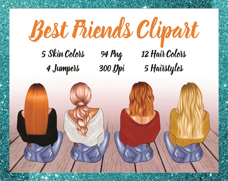 Bundle Best friends Clipart, Hair Colors, Hair Styles, Skin Colors, Jumpers, Build your own characters, Autumn Fall, Digital Download 872415307