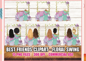 Bundle 15 Best friends clipart – floral swing, Best Friends Png, light & dark skin tones, fashion illustration, Hair Colors, Hair Styles Png 874052159 t shirt template