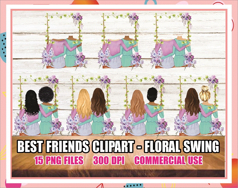 Bundle 15 Best friends clipart – floral swing, Best Friends Png, light & dark skin tones, fashion illustration, Hair Colors, Hair Styles Png 874052159