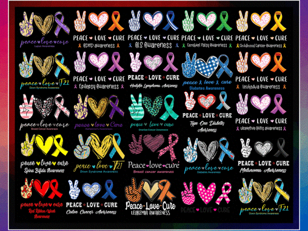 25 designs peace love cure png bundle, peace love cure sublimation, peace love cure png, awareness designs, commercial use, digital download 932855979