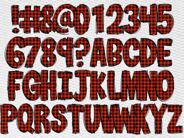 Buffalo plaid alphabet numbers with character separated buffalo plaid fonts sublimation design best png hand drawing fonts