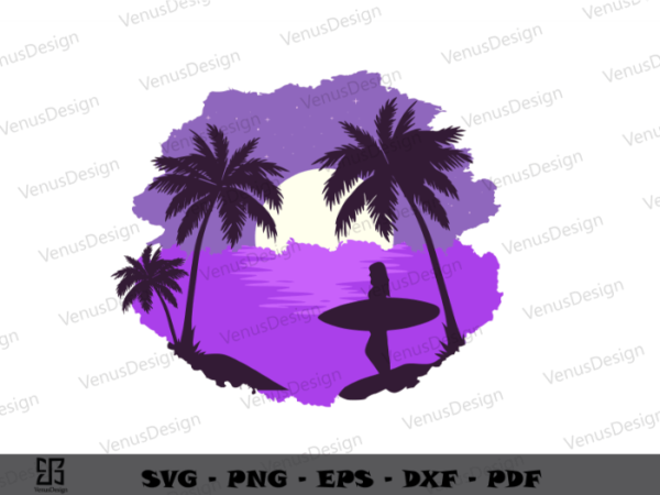 Summer vacation on sunset beach sublimation files, summer beach coconut art, summer beach night time cameo htv prints t shirt template vector