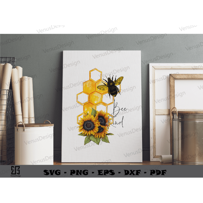 Honey Bee Kind Sublimation Files & Bee Sunflower Art Png Files, Animal Lover Cameo Htv Prints, Bee Vector Silhoutte Files, Yellow Bee Art Sublimation Design