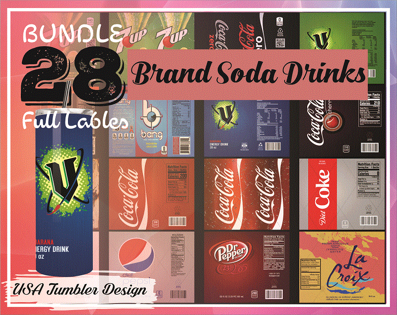 Combo 28 Brand Soda Drinks Full Labels Designs Tumber, 20oz Skinny Straight,Template for Sublimation,Full Tumbler, PNG Digital Download 1014533239