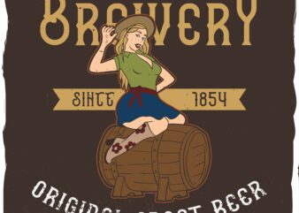 Girl sitting on a barrel of beer with a hat on t shirt design template