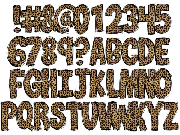 Leopard alphabet numbers with character separated sublimation design best png hand drawing fonts