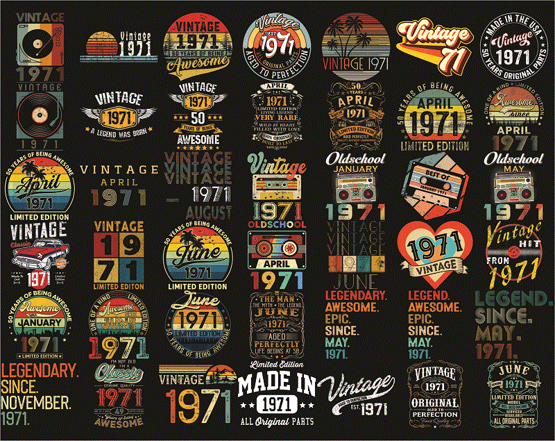 Bundle 315 Vintage Retro 1971 Birthday, 50th Birthday Gift PNG, Files For Shirt, Print To Cut Files Combo, PNG Bundles, Digital Download 1013056948