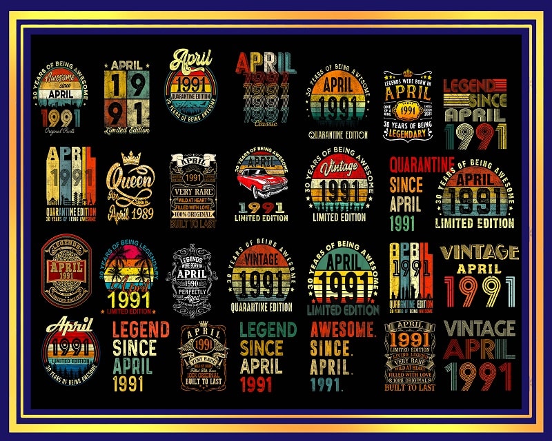 350+ Vintage Retro 1991 Birthday 30th Birthday Gift PNG Files For Shirt, Print To Cut Files Combo, PNG Bundles, Digital Download 983495166