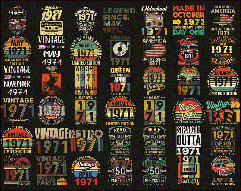 Bundle 315 Vintage Retro 1971 Birthday, 50th Birthday Gift PNG, Files For Shirt, Print To Cut Files Combo, PNG Bundles, Digital Download 1013056948