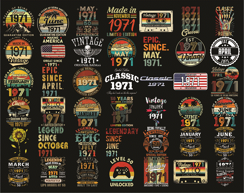 Bundle 315 Vintage Retro 1971 Birthday, 50th Birthday Gift PNG, Files For Shirt, Print To Cut Files Combo, PNG Bundles, Digital Download 1013056948