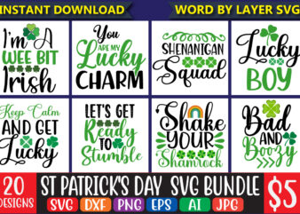 St Patrick’s Day SVG Bundle, vol.3 20 svg bundle t-shirt design ,Lucky svg, Irish svg, St Patrick’s Day Quotes, Shamrock svg, Clover svg, Cut File, Cricut, Silhouette, PNG,St Patrick’s Day