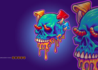 Psychedelic skull mushrooms melted colorful Illustrations