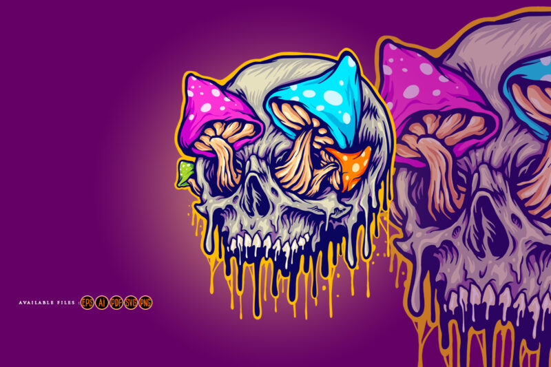 Scary skull mushrooms melted colorful Illustrations