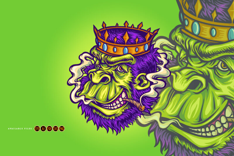 Crowned gorilla with smokes cannabis Mascot Illustrations