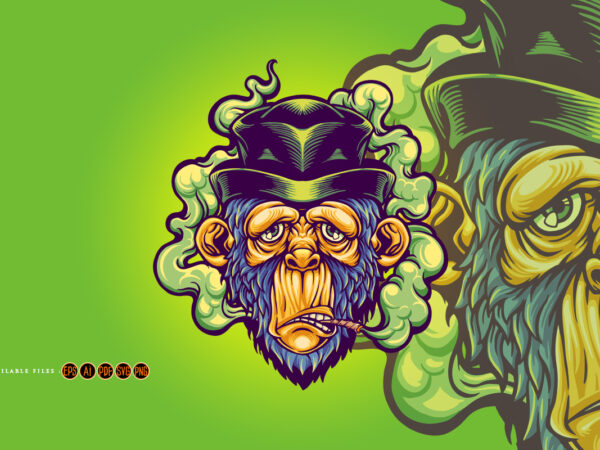 Cute monkey in black hat smoking weed illustrations t shirt vector file Cute monkey in black hat smoking weed illustrations t shirt vector file