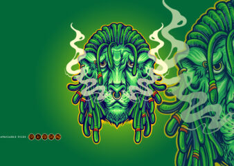 Dreadlock Head Lion Mascot with Cannabis Smoke Illustrations
