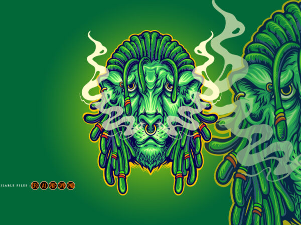 Dreadlock head lion mascot with cannabis smoke illustrations t shirt vector illustration