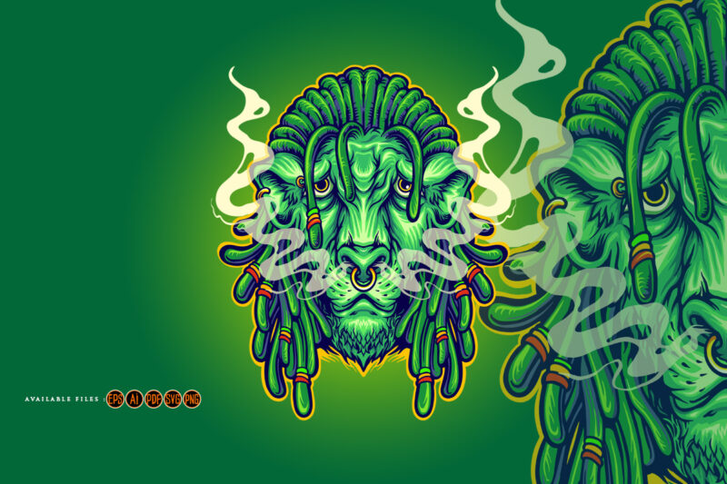 Dreadlock Head Lion Mascot with Cannabis Smoke Illustrations