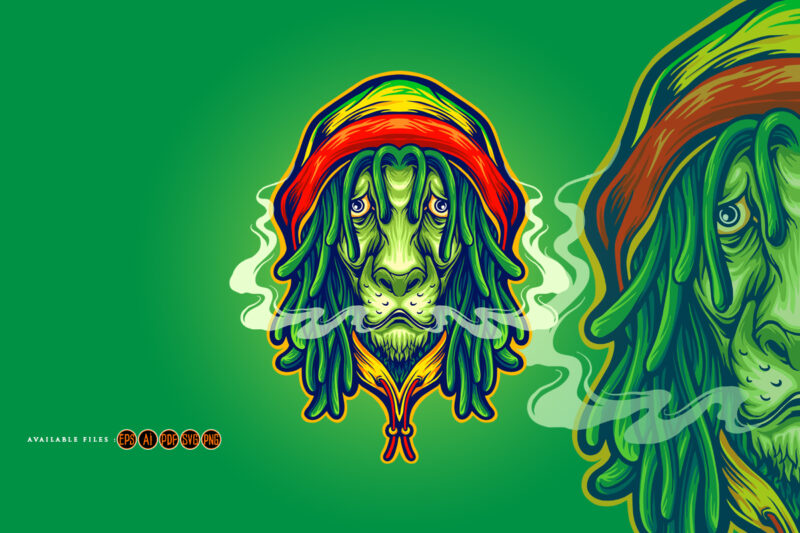 Head Rasta lion weed smoke Mascot Illustrations