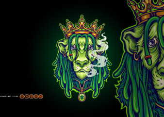 King Lion Gold crown Green weed smoke Cartoon Illustrations t shirt vector art