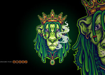 King Lion Gold crown Green weed smoke Cartoon Illustrations