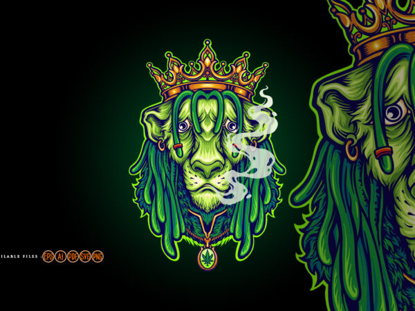King lion gold crown green weed smoke cartoon illustrations t shirt vector art