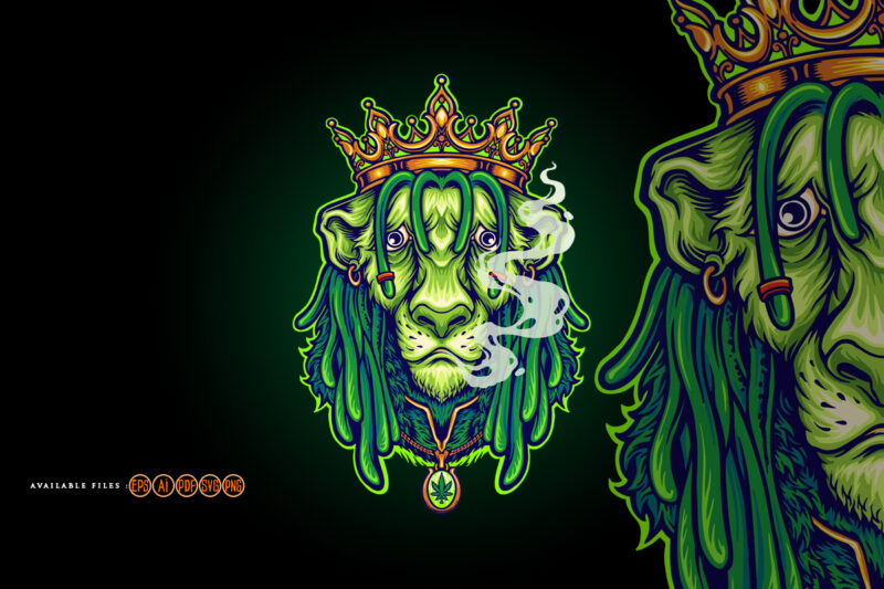 King Lion Gold crown Green weed smoke Cartoon Illustrations