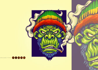 Gorilla rastafarian with smoking cannabis Mascot Illustrations t shirt design template