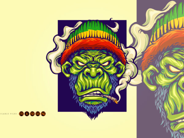 Gorilla rastafarian with smoking cannabis Mascot Illustrations t shirt design template